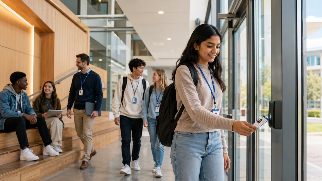 Students entering a campus building and tapping ID badges at a card reader