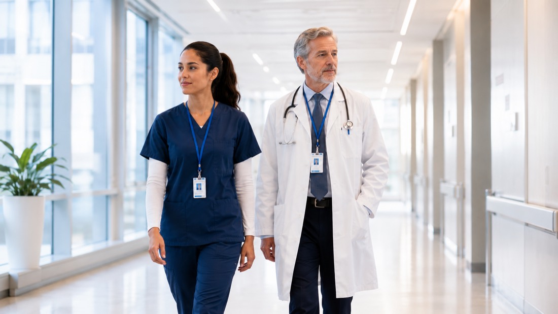 A nurse and doctor wearing ID badges walking through a hospital corridor