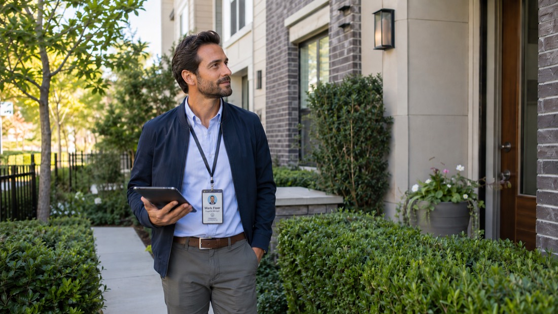 A property manager with a tablet and ID badge outside a residential building