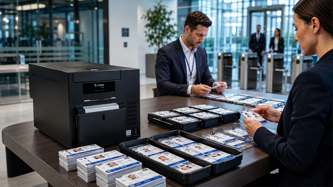 An ID card printer producing event badges with staff assembling badge holders