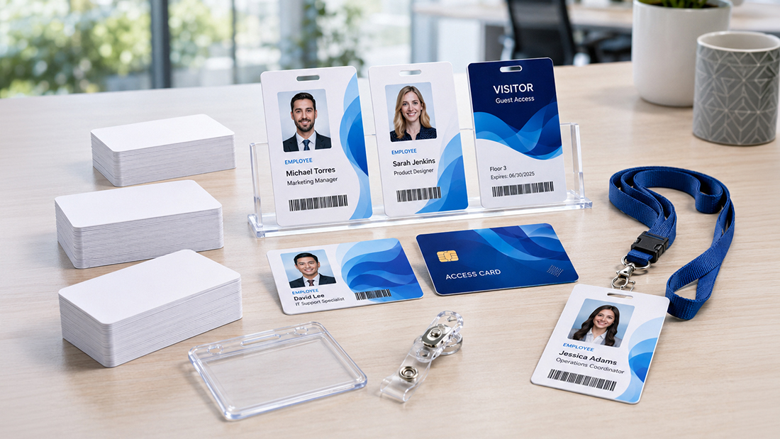 Printed photo ID cards and access cards in holders with a lanyard