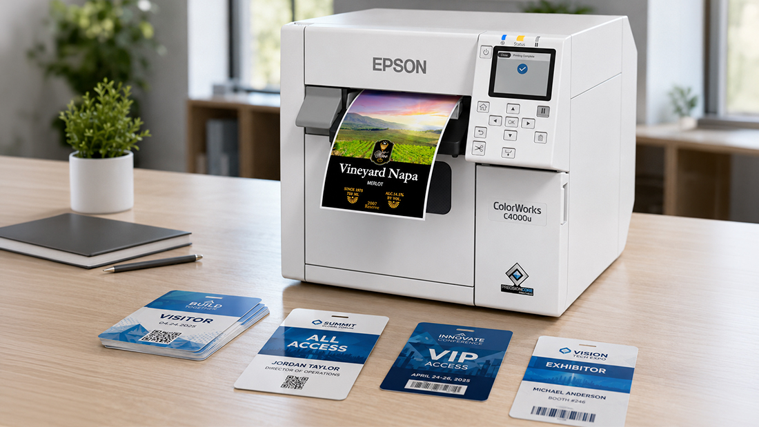 Large-format event badge printers producing high-visibility credentials