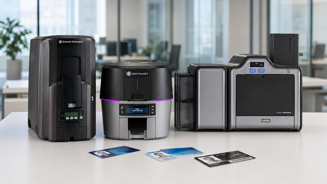 Three desktop ID card printers with printed photo ID cards