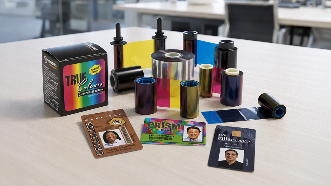 Printer ribbons, laminate film, cleaning kit and blank PVC cards