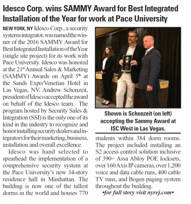 Idesco Corp. wins SAMMY Award for Best Integrated Installation of the Year for work at Pace University