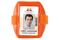 Vertical Fluorescent Orange Vinyl Holder with Orange Strap - Credit Card Size