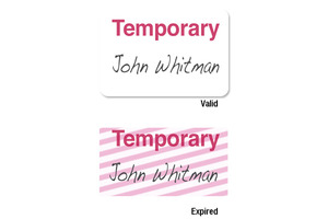 1-Day Single-Piece Adhesive Expiring Badge (Handwritten) with Printed "TEMPORARY"