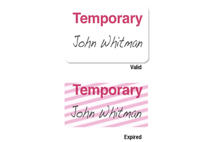 1-Day Single-Piece Adhesive Expiring Badge (Handwritten) with Printed "TEMPORARY"